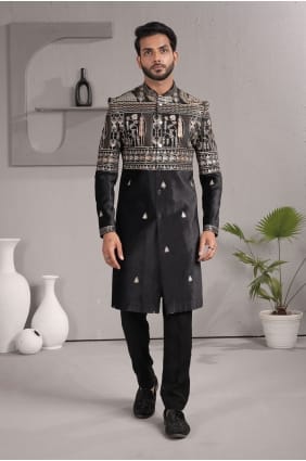 Kurta brodée pour homme en velours noir KURR245