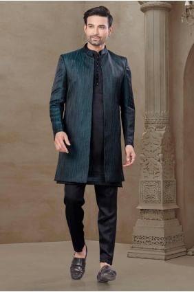 pyjama kurta noir pour homme avec gilet en soie à imprimé KURR524