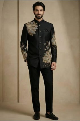 Kurta-pyjama noir satiné pour homme avec gilet brodé KURR239