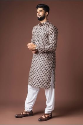 Kurta noir pour homme en lin imprimé numérique avec dupatta KURR591