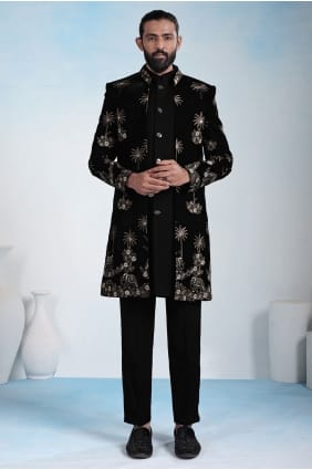Kurta en velours pour homme avec broderies noires KURR247
