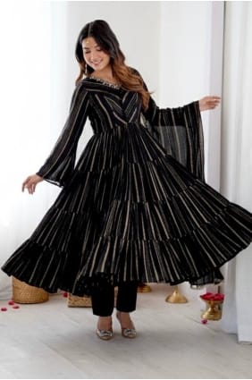 Ensemble Anarkali en soie Chanderi noire avec miroir et dupatta AS4215