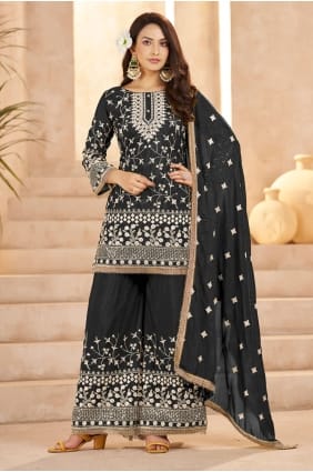 Ensemble palazzo Eid en georgette noire avec dupatta PZ4316