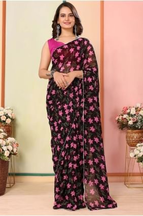 Sari en georgette imprimé noir SR28482