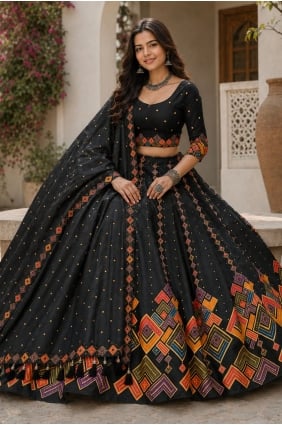 Lehenga Choli noir en coton imprimé LC9262