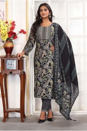 Salwar Kameez en Chanderi noir imprimé SK155910