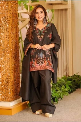 Salwar Kameez en soie noire imprimée avec dupatta SK15905