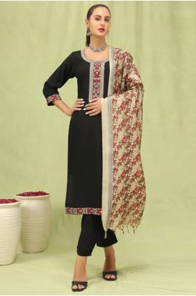 Salwar Kameez noir imprimé en viscose avec dupatta SK15752