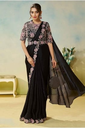 Sari noir en satin avec main SR29173