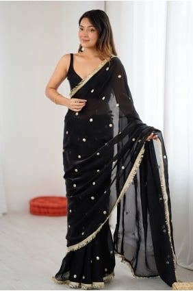 Sari en satin noir brodé de zari et de sequins SR30338