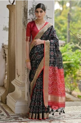 Sari noir en soie brute orné de broderies Resham SR29243