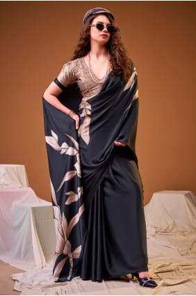 Sari en satin noir imprimé SR29933
