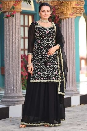 Ensemble sharara en georgette noire avec broderies SS1281