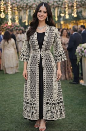 Robe longue en soie noire brodée avec dupatta GW1249