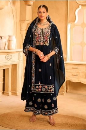 costume palazzo brodé en velours noir avec dupatta PZ4155
