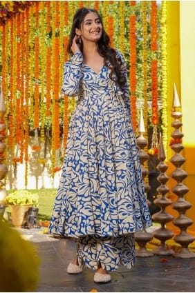 Ensemble Anarkali imprimé en coton bleu AS4297
