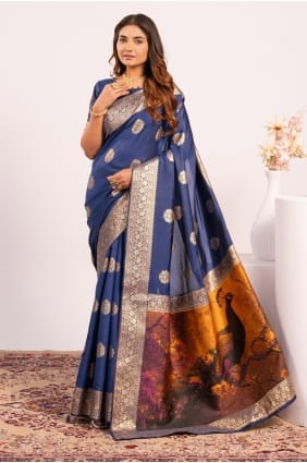 Saree bleu avec Resham, soie zari Banarasi SR29450