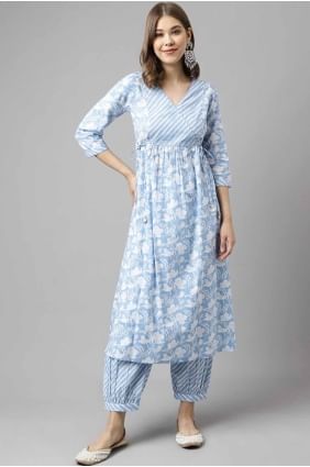 Kurti brodé de coton bleu avec dupatta KTI2650