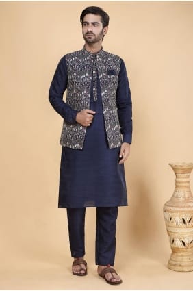 Kurta homme brodé en soie Banarasi bleue KURR235
