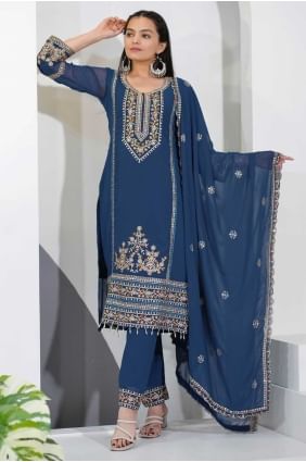 Salwar Kameez en fausse georgette bleue avec broderie SK155758
