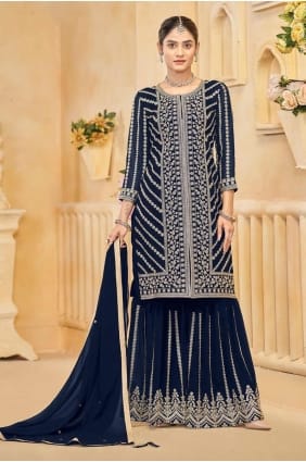 costume palazzo bleu en fausse georgette brodée avec dupatta PZ4135