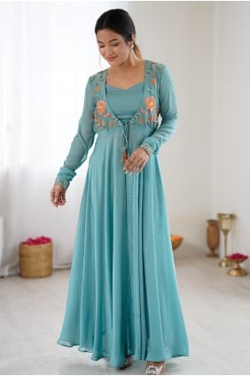 Robe longue bleue en georgette avec dupatta GW1337