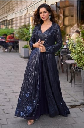 Kurta occidental en georgette brodée Indow bleue SK15809