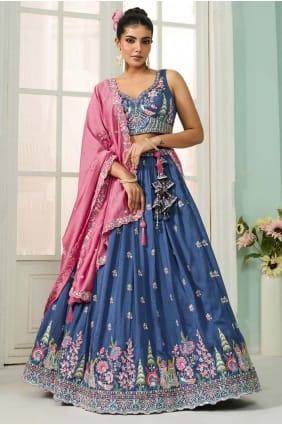 Lehenga Choli en soie bleue brodée LC8808