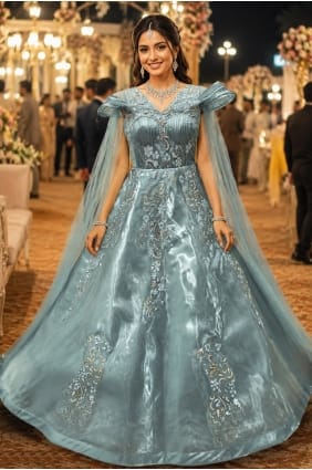 Robe longue bleue brodée en tulle GW1296