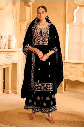 costume palazzo bleu avec velours brodé PZ4153