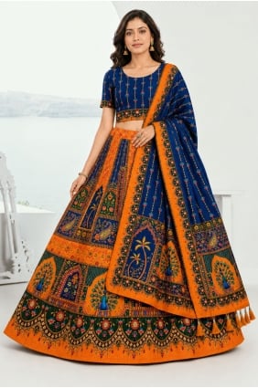 Lehenga Choli en coton imprimé bleu LC9264