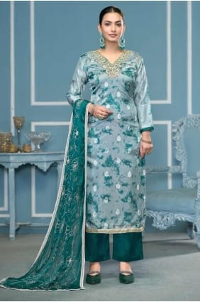 salwar kameez en organza imprimé bleu SK155351