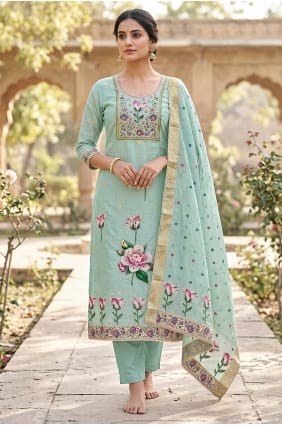 Salwar Kameez en coton bleu imprimé SK15877
