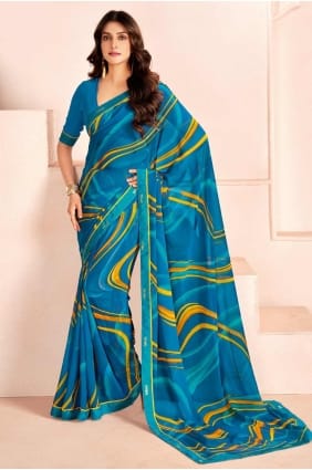 sari bleu imprimé en georgette SR28405