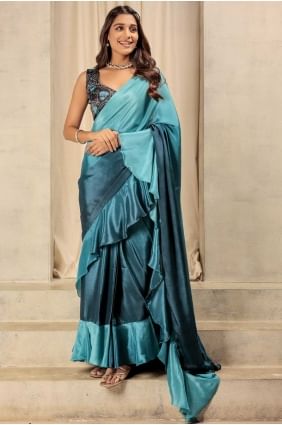 Sari imprimé en satin bleu SR28730