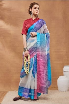 Sari en soie imprimée bleue SR30246