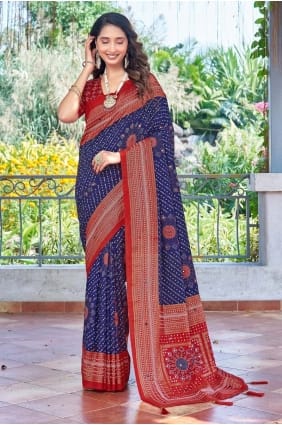 Sari en soie Tussar bleu avec imprimé SR29479