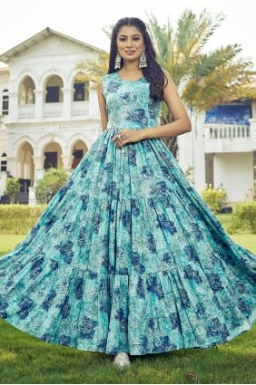 Robe longue en rayonne bleue imprimée GW1309