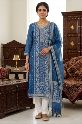 Salwar Kameez à manches longues en coton bleu SK159147