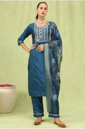 Salwar Kameez bleu en soie brodée avec dupatta SK15843
