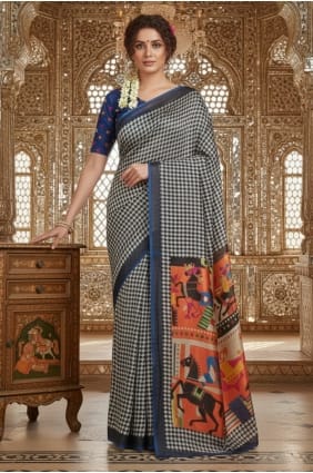 Sari bleu en crêpe imprimé SR29813