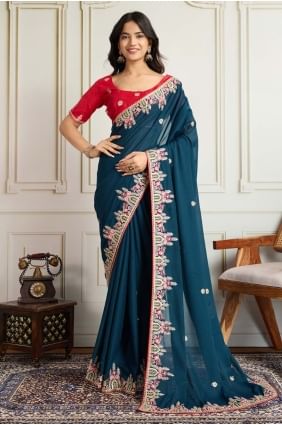 Sari en georgette bleue brodée SR28924