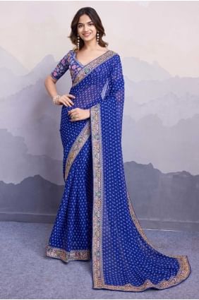 Sari en georgette bleu avec broderie SR28681