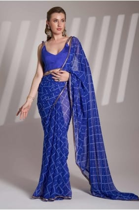 Sari bleu en georgette avec dentelle imprimée SR28156