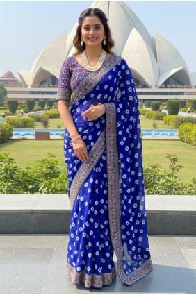 Sari bleu en georgette imprimée SR29367