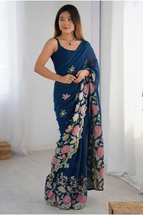 Sari avec travail de paillettes en bleu Georgette SR28665
