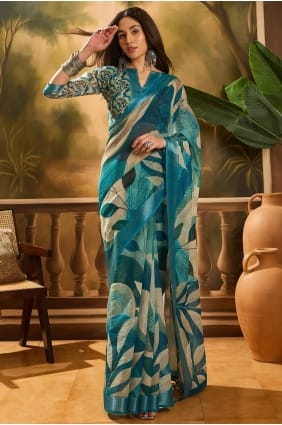 Sari imprimé en lin bleu SR29320