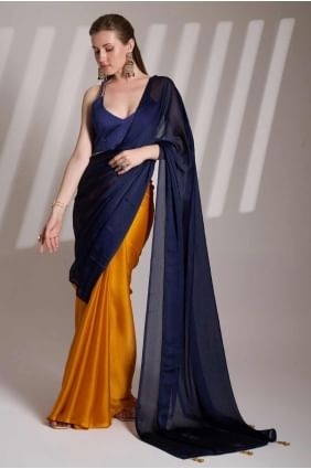 sari bleu en satin imprimé SR28134