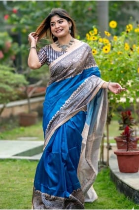 Saree en soie Tussar en bleu avec imprimé SR29686