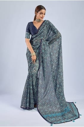 Sari en mousseline imprimée bleue SR29978